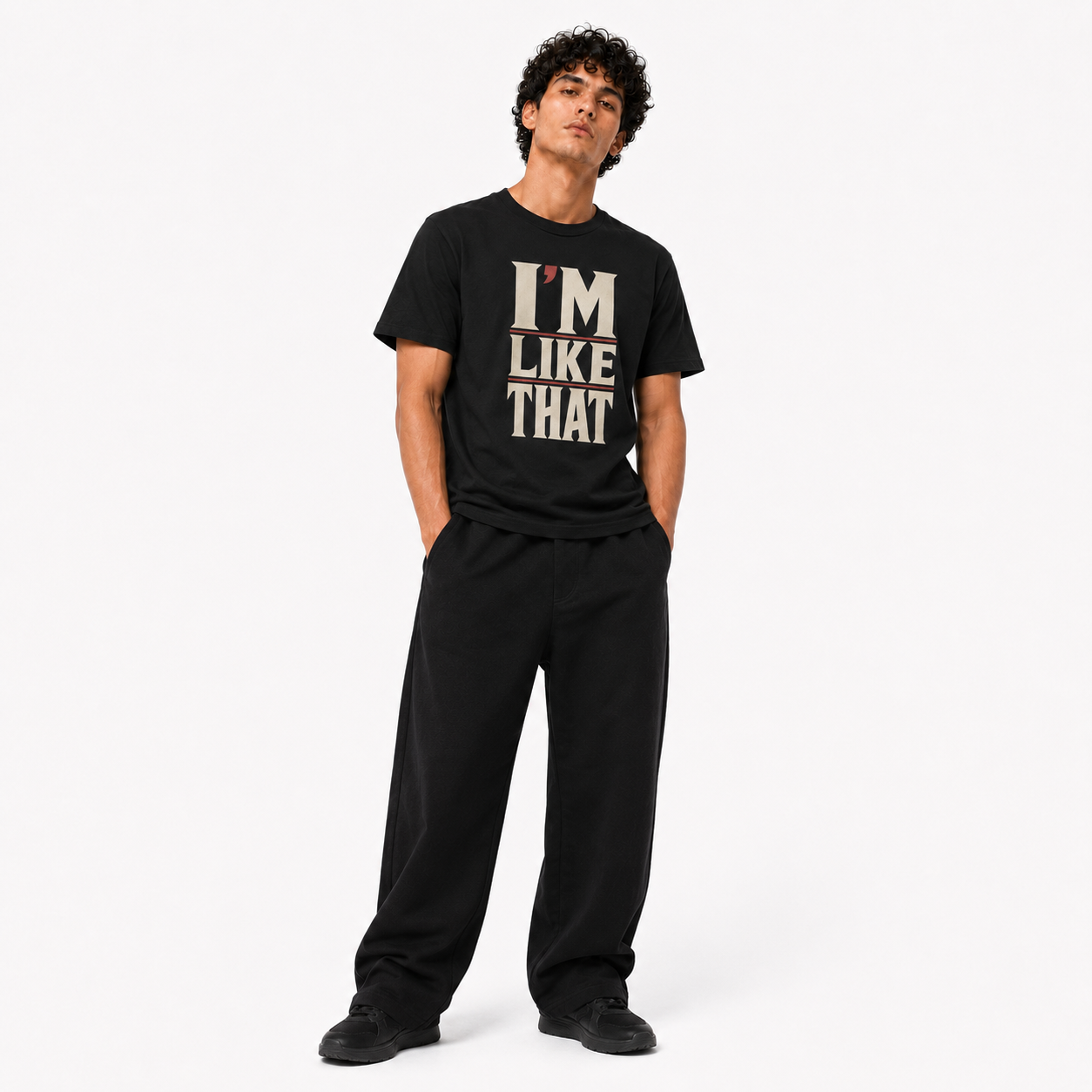 I’m Like That black T-shirt three-quarter view on Brick City model