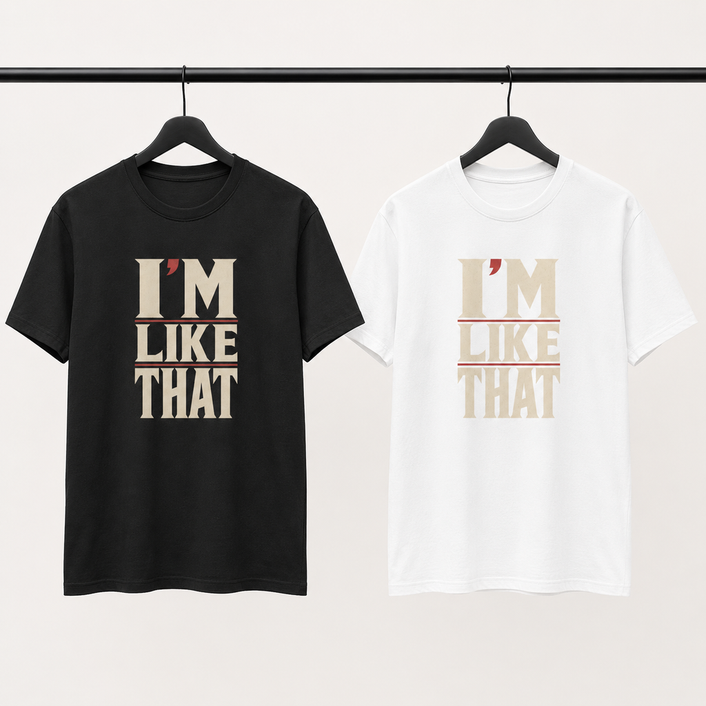 I’m Like That T-Shirt in black and white on a studio clothing rail
