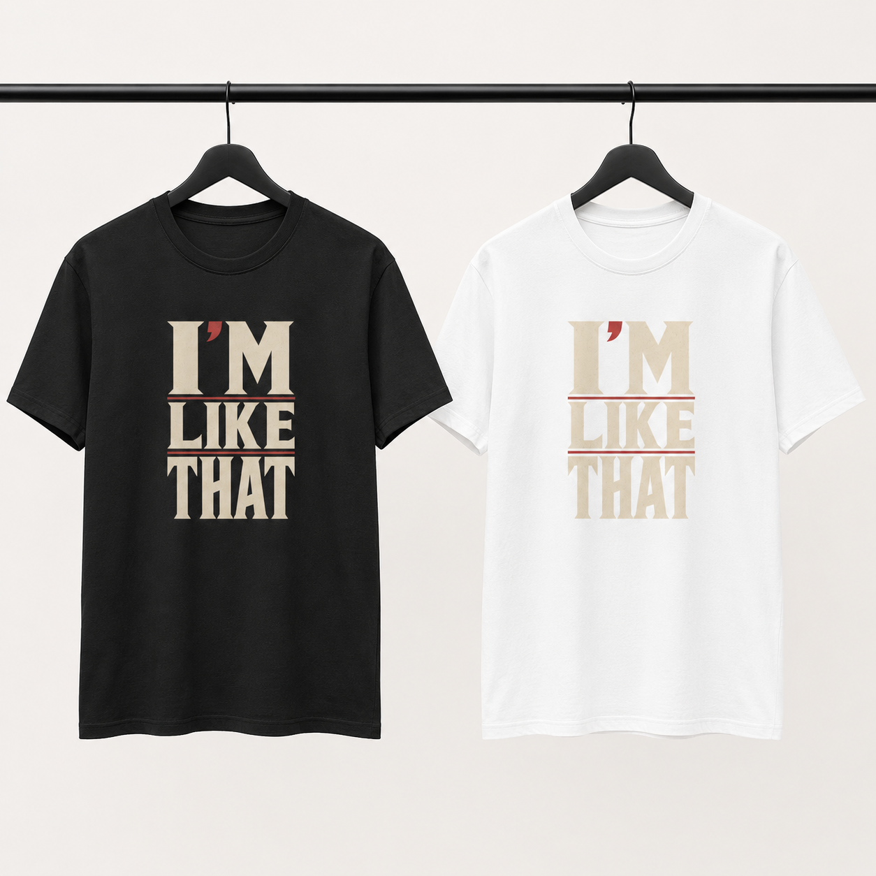 I’m Like That T-Shirt in black and white on a studio clothing rail