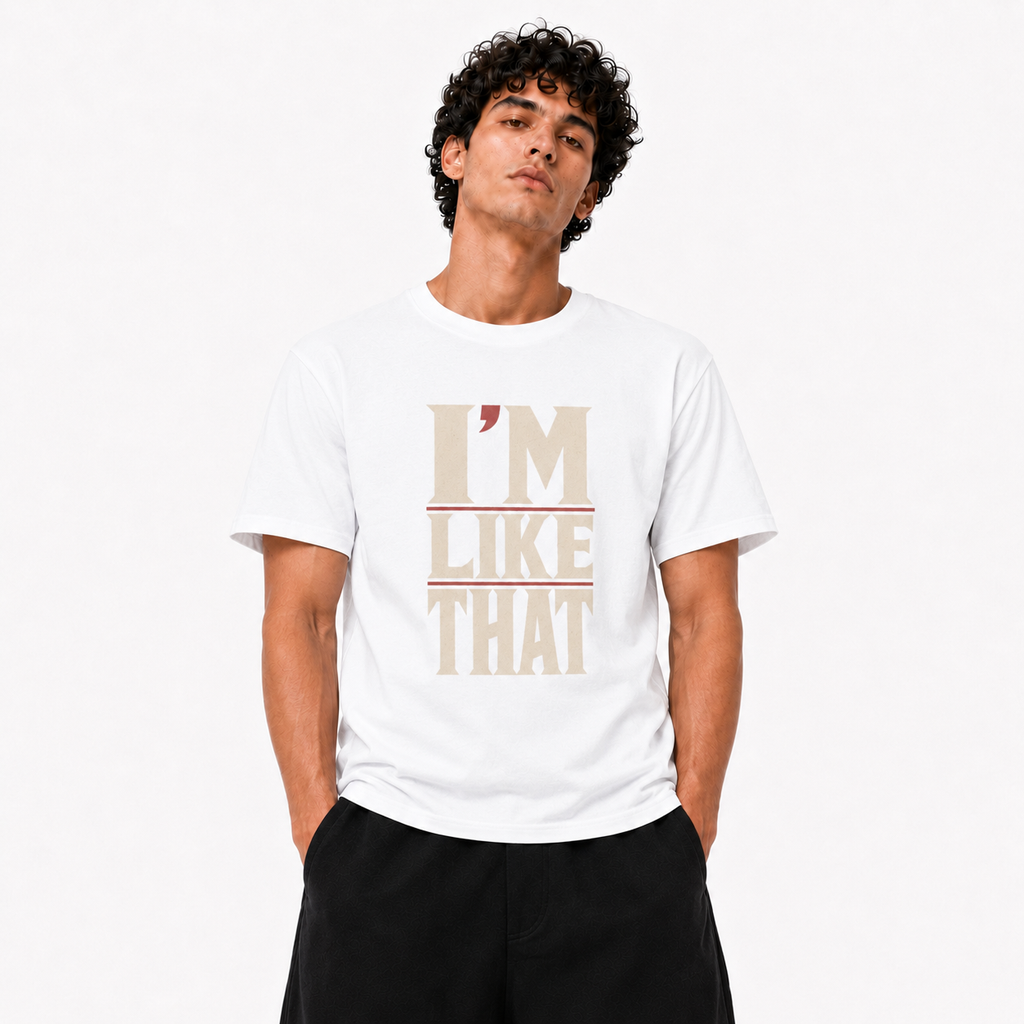 I’m Like That white T-shirt front view on Brick City model
