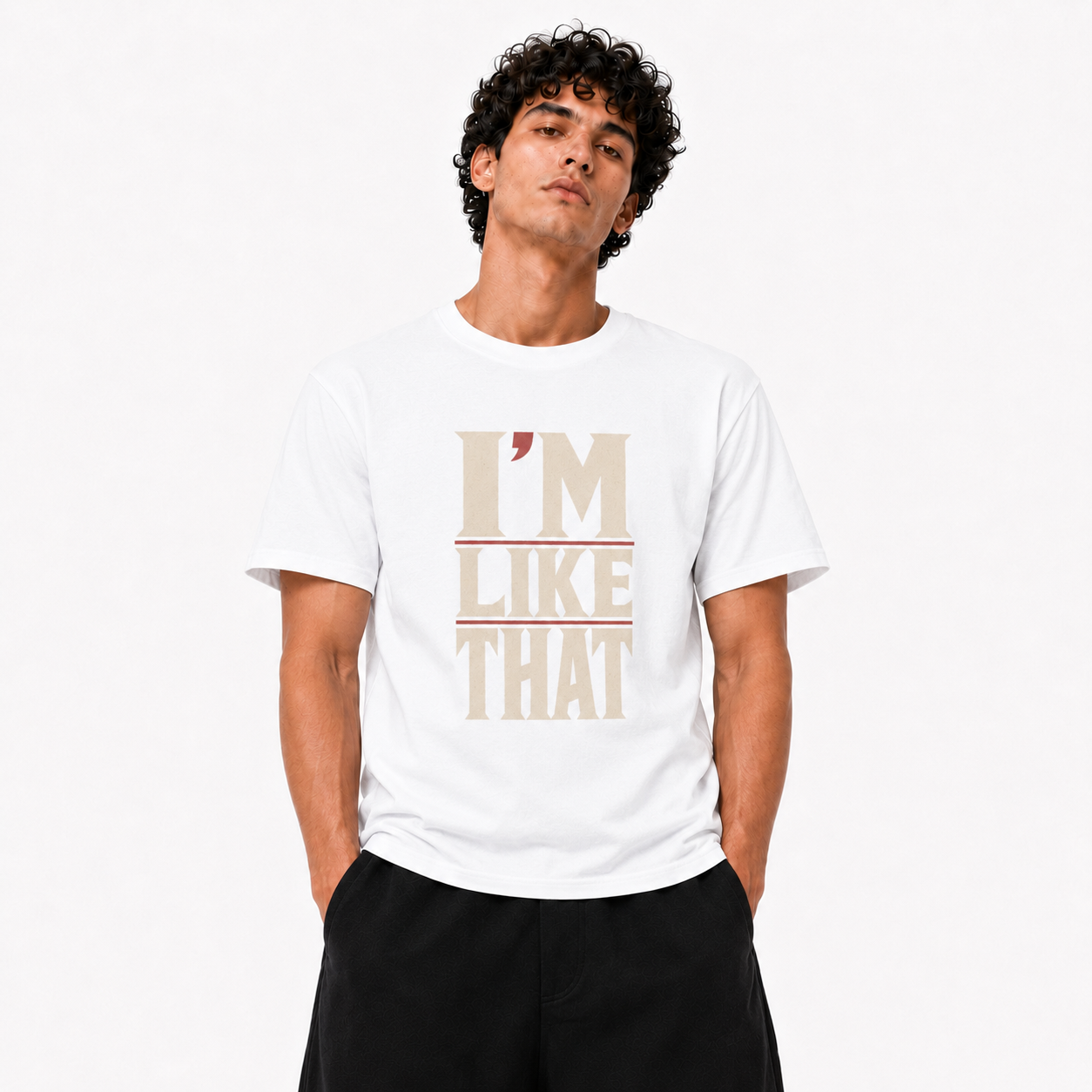 I’m Like That white T-shirt front view on Brick City model