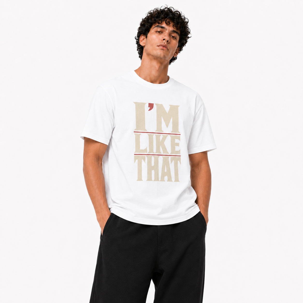 I’m Like That white T-shirt three-quarter view on Brick City model