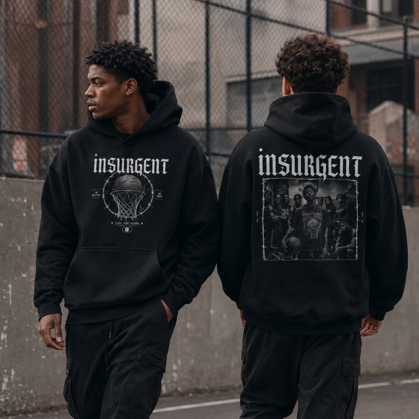 Two models wearing the Insurgent hoodie showing the front and back basketball graphic