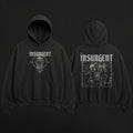 Insurgent black oversized basketball hoodie, front and back graphic flat lay