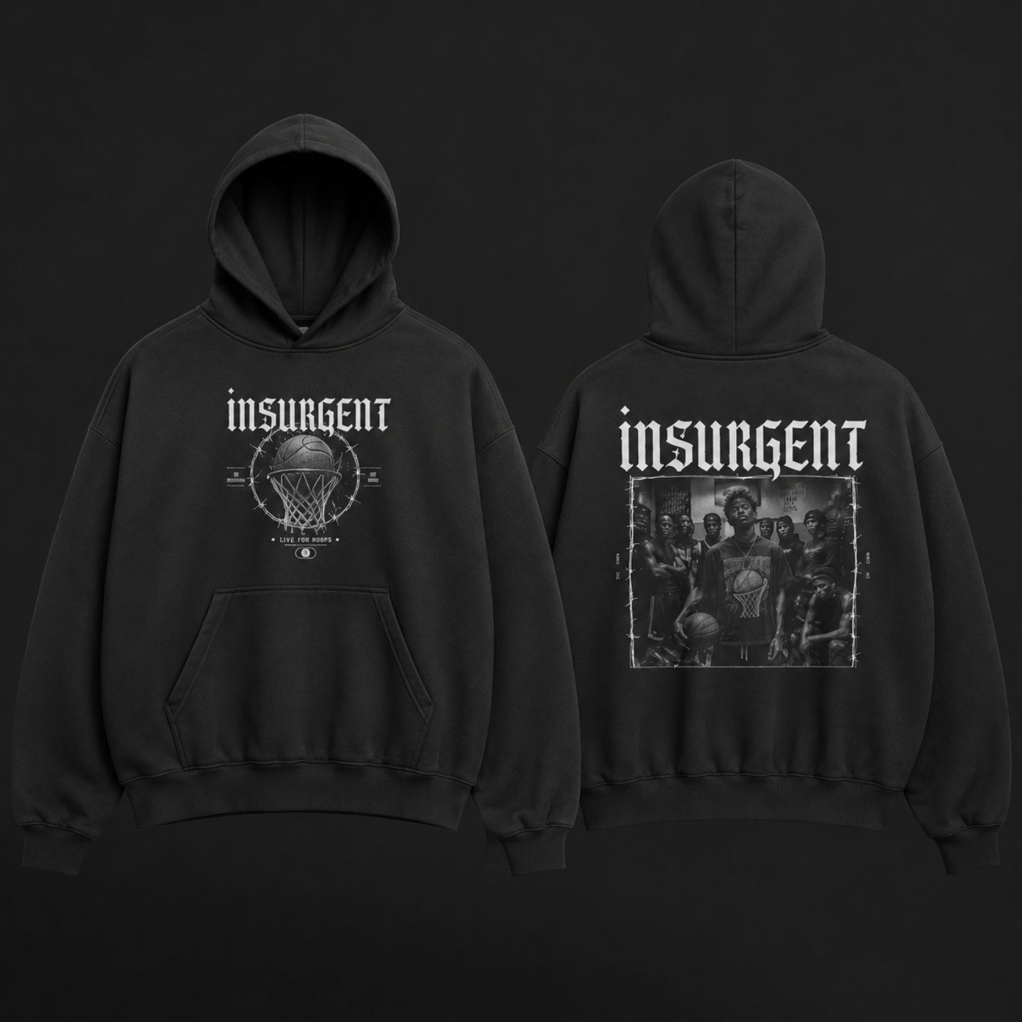 Insurgent black oversized basketball hoodie, front and back graphic flat lay