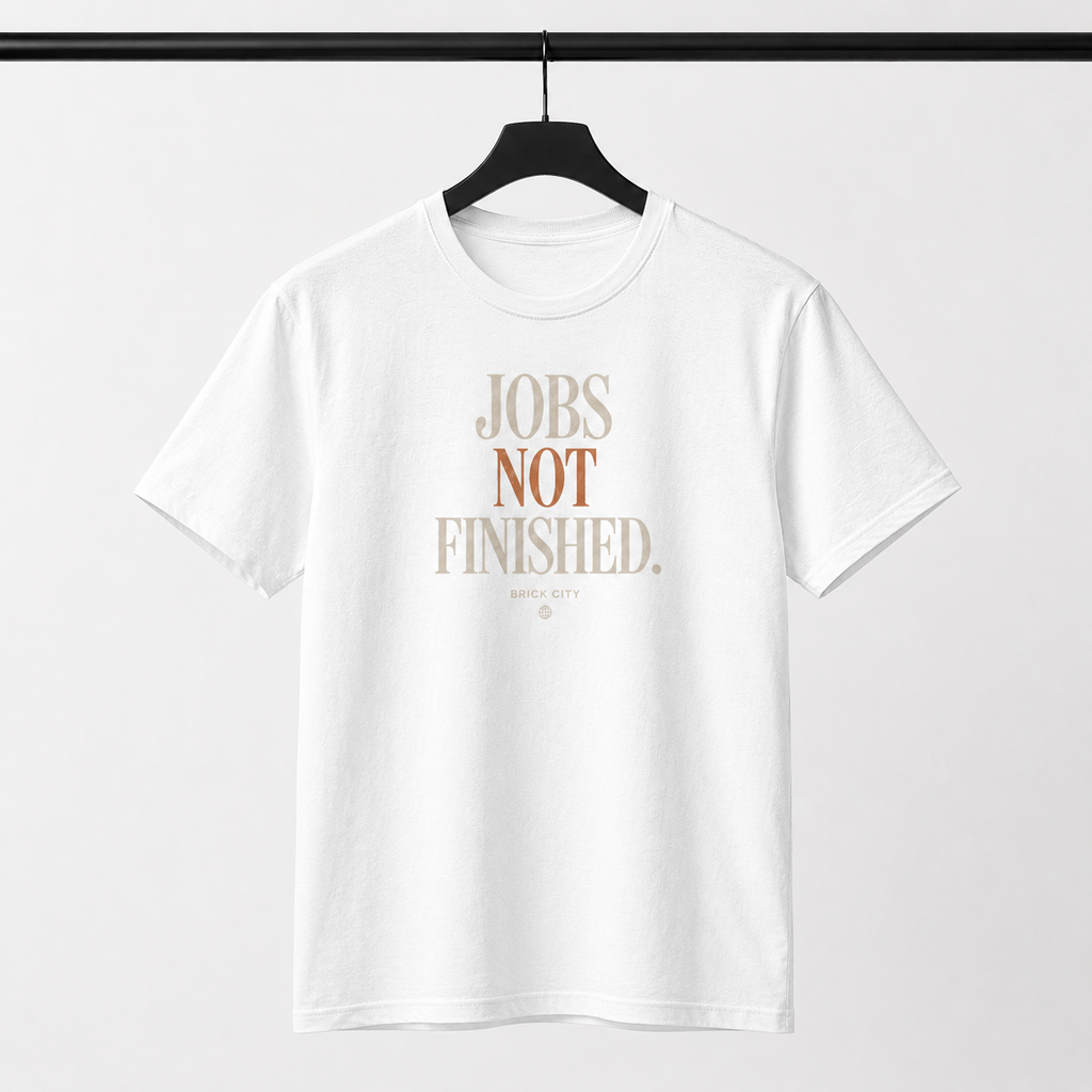 Jobs Not Finished T-Shirt on Brick City model in studio view one