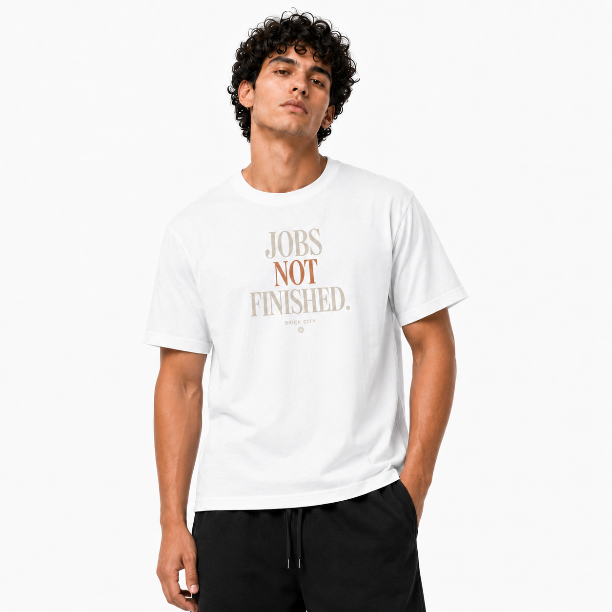Jobs Not Finished T-Shirt on Brick City model in studio view two