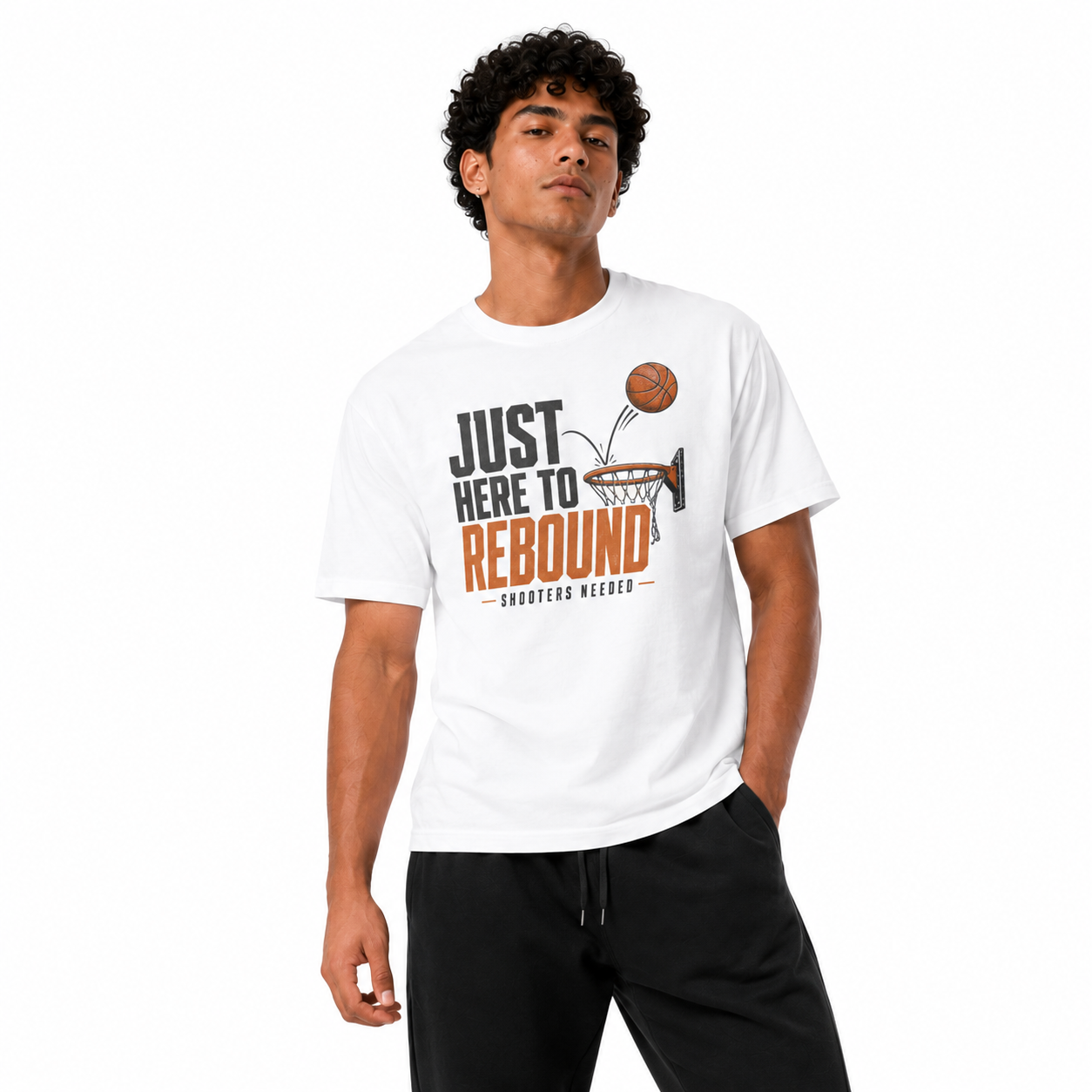 Just Here to Rebound T-Shirt on Brick City model in studio view one