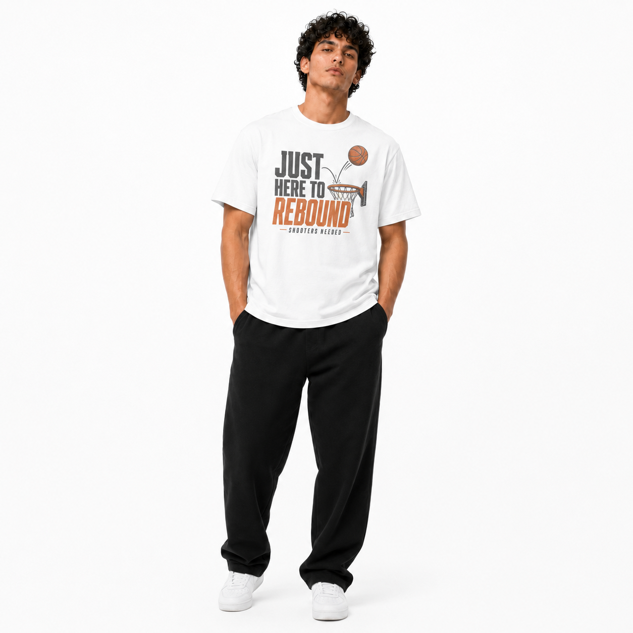 Just Here to Rebound T-Shirt on Brick City model in studio view two