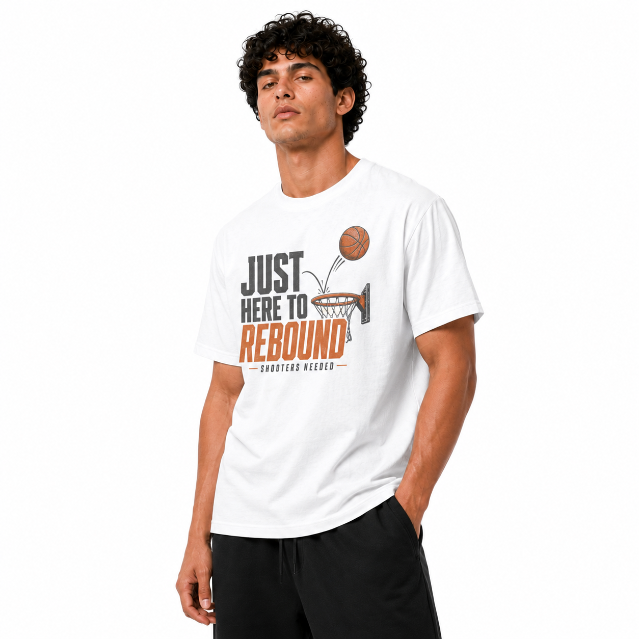 Just Here to Rebound T-Shirt on Brick City model in studio view three