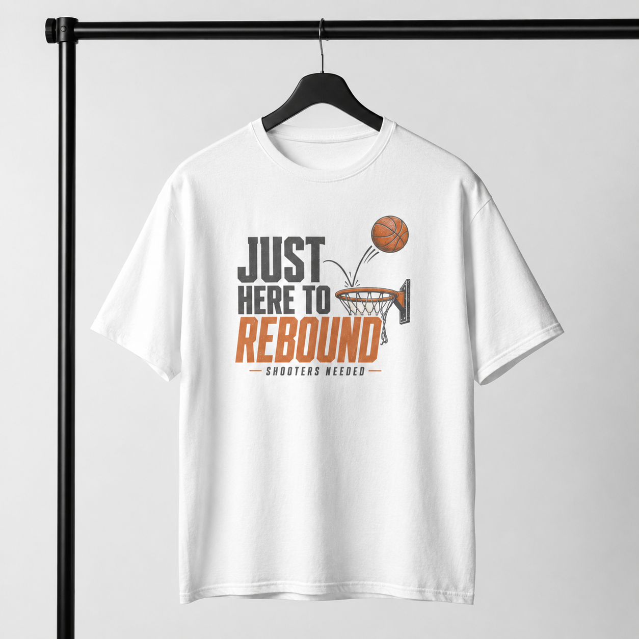 Just Here to Rebound T-Shirt by Brick City on a studio product mockup