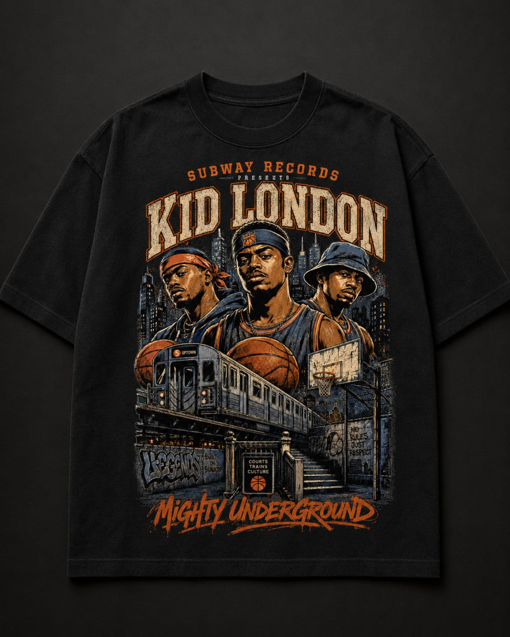 Kid London Tee black t-shirt product mockup on dark background