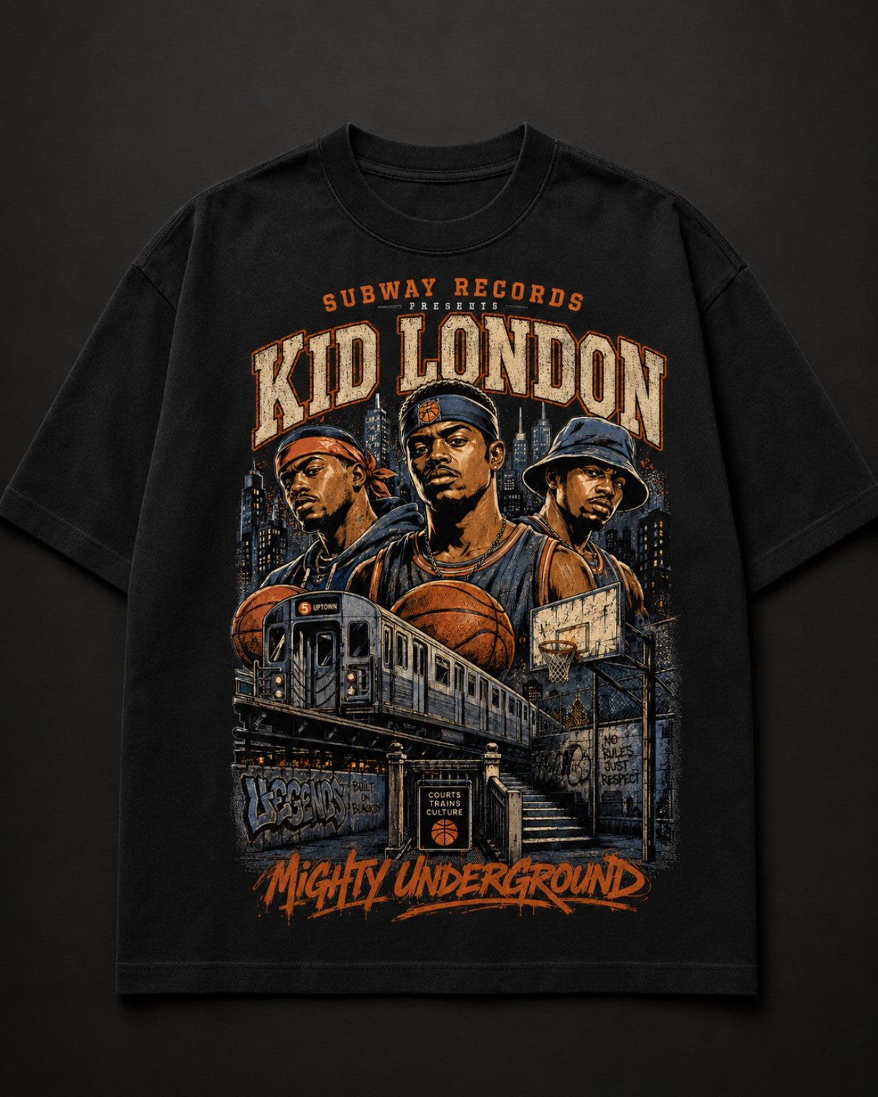 Kid London Tee black t-shirt product mockup on dark background