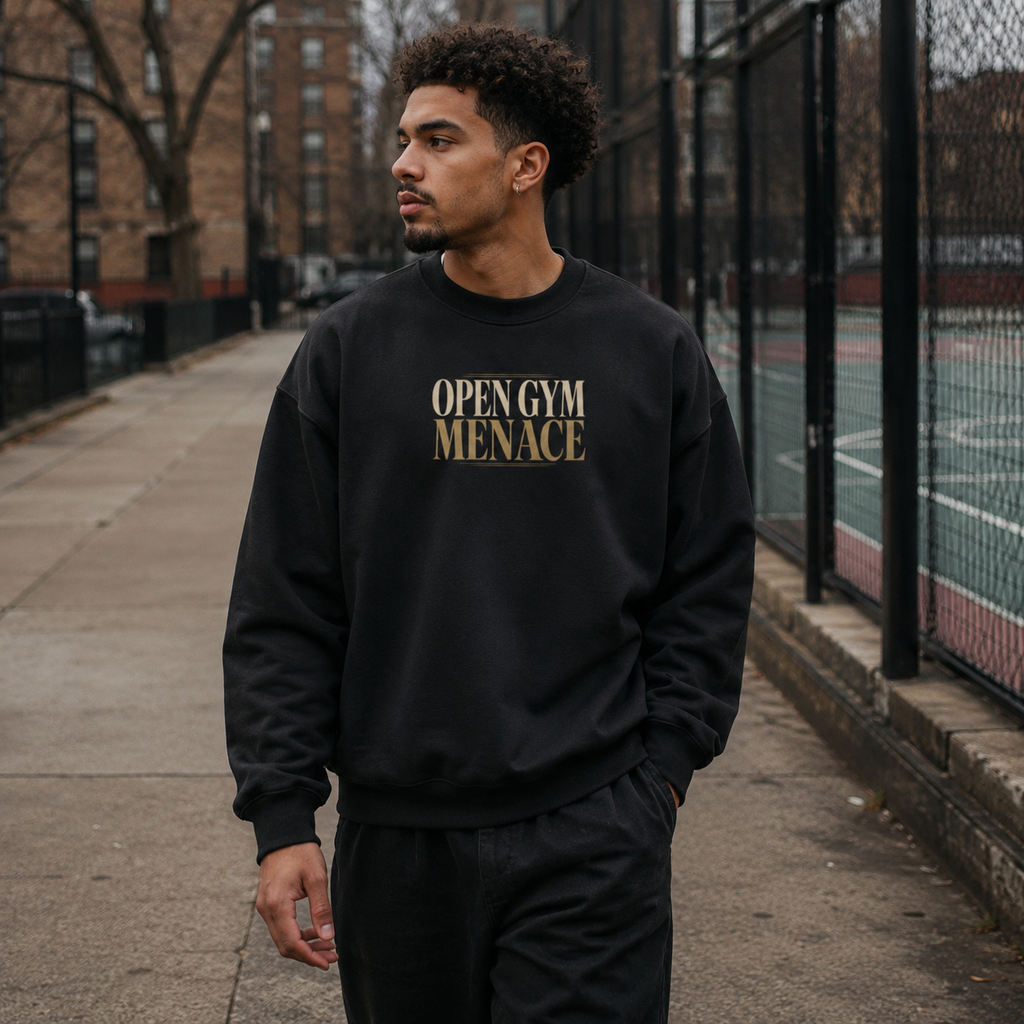 Open Gym Menace Oversized Sweatshirt black front print walking lifestyle