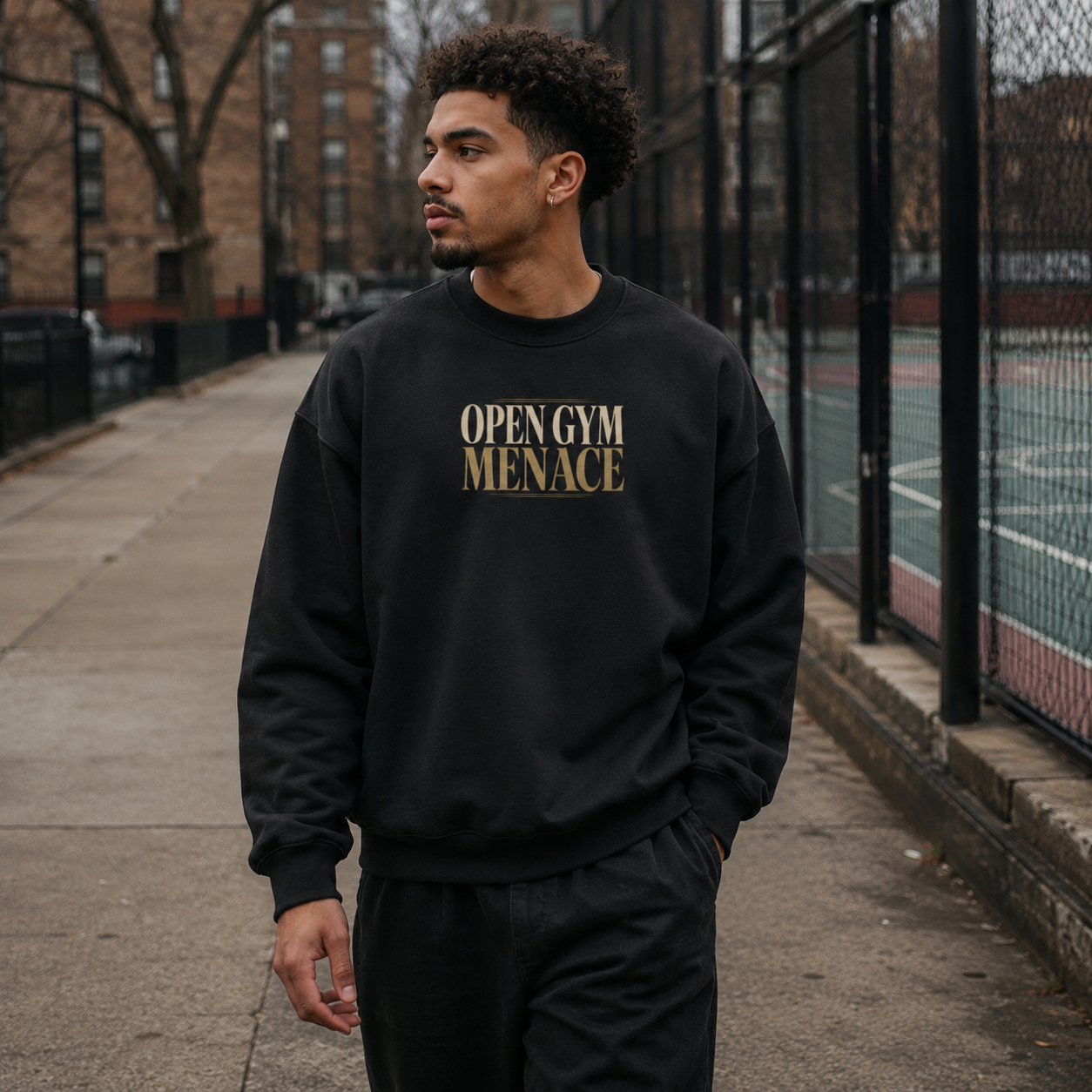Open Gym Menace Oversized Sweatshirt black front print walking lifestyle