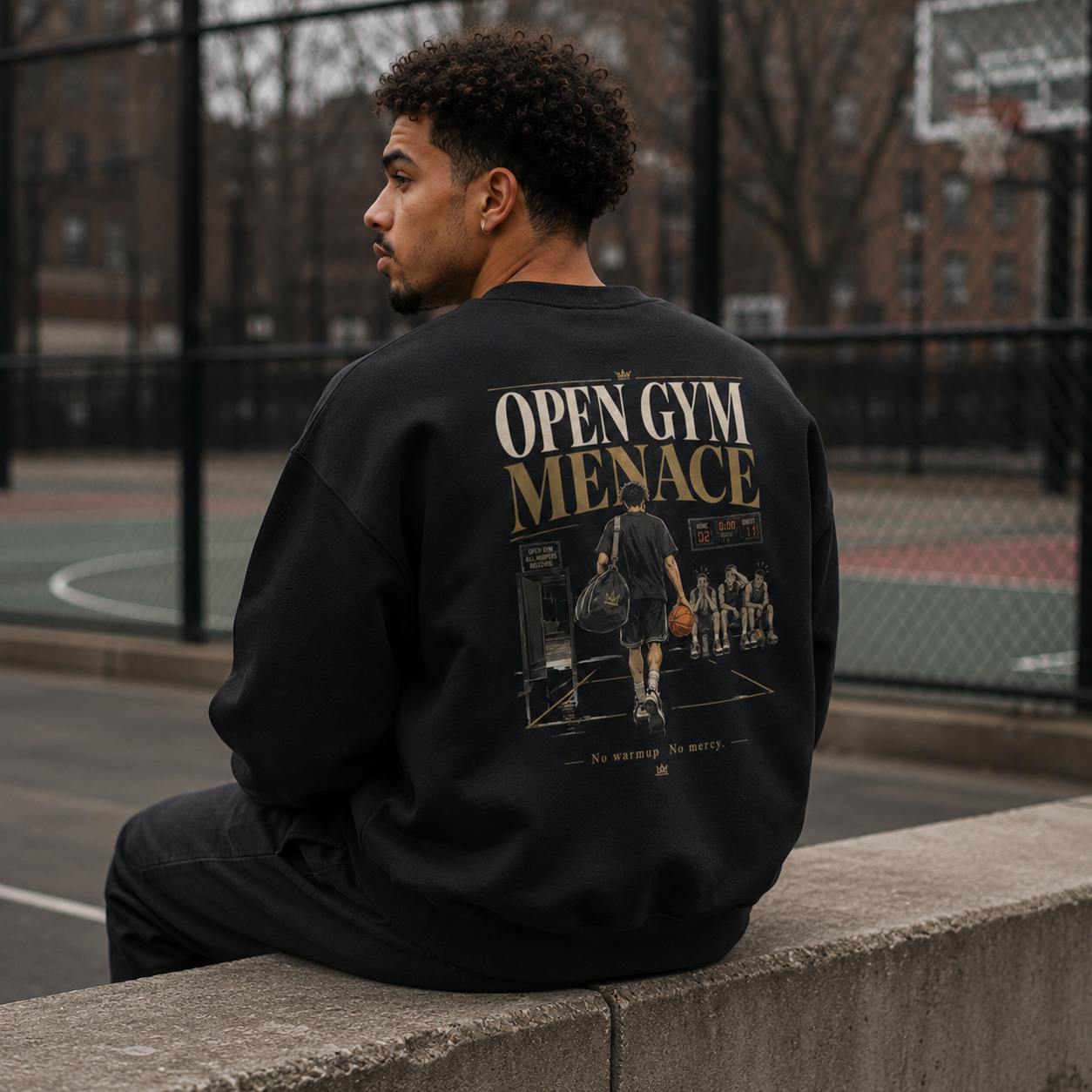 Open Gym Menace Oversized Sweatshirt black back print seated court lifestyle