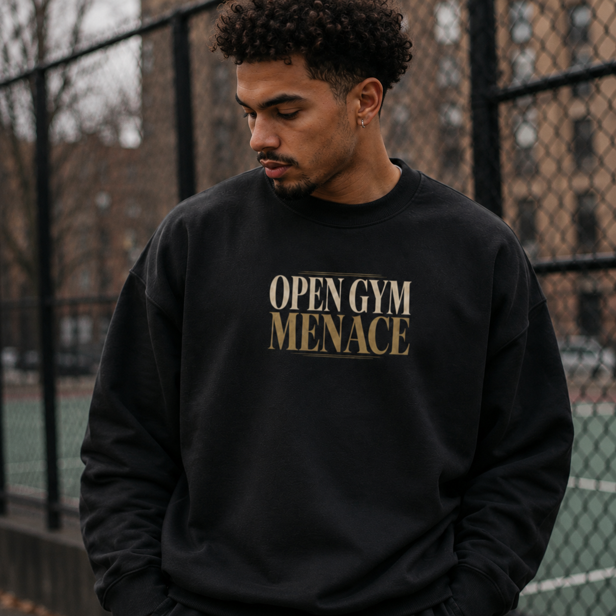 Open Gym Menace Oversized Sweatshirt black front print close up lifestyle