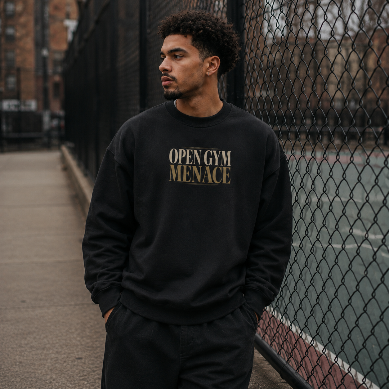 Open Gym Menace Oversized Sweatshirt black front print fence lifestyle