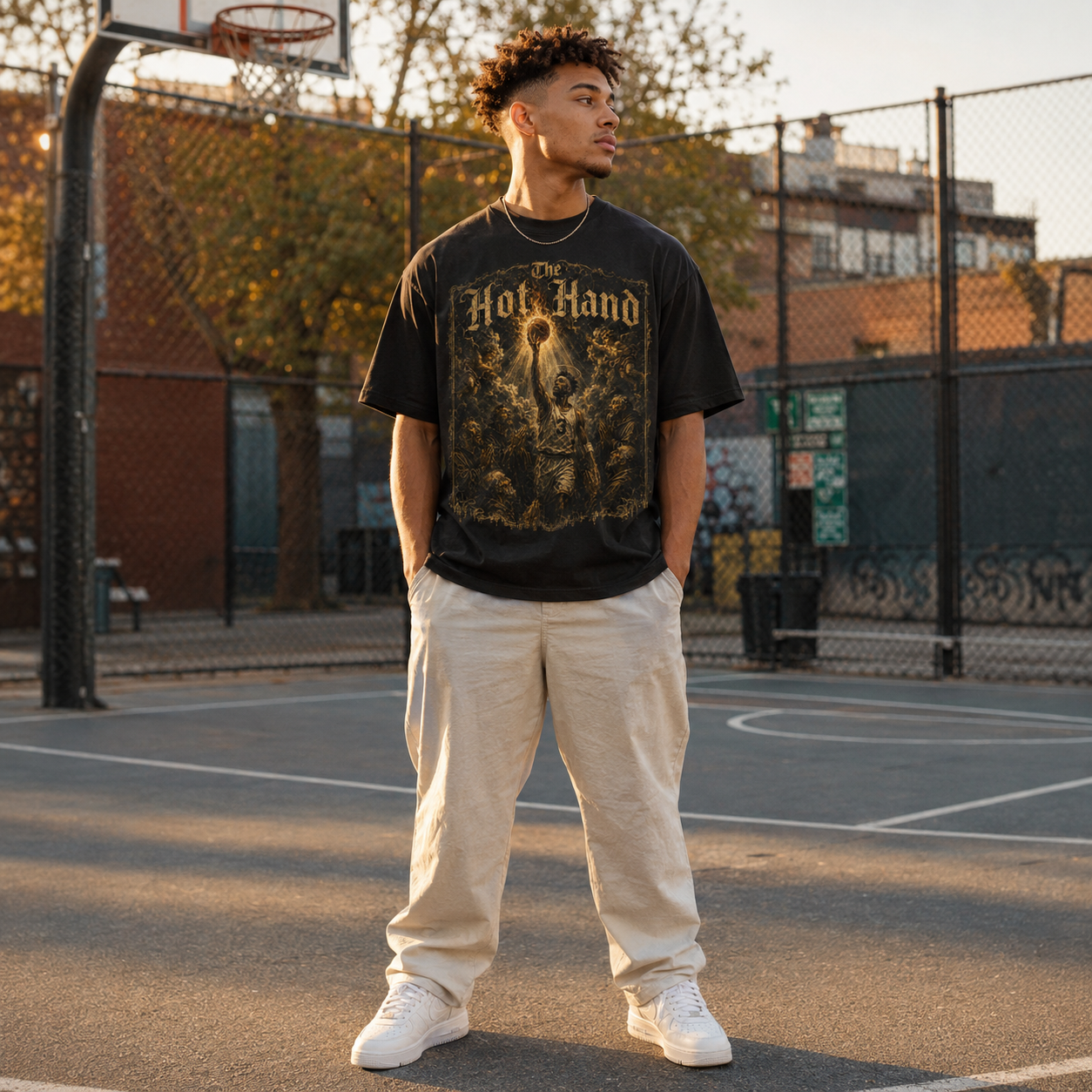 Person wearing a black t-shirt with graphic design on a basketball court