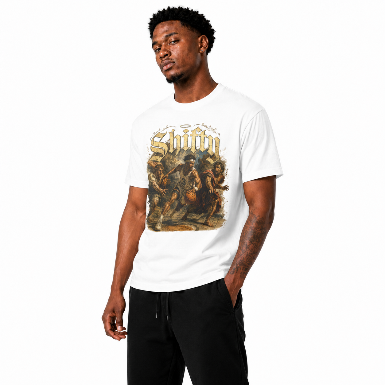 Renaissance Shifty T-Shirt on Brick City model in studio view three