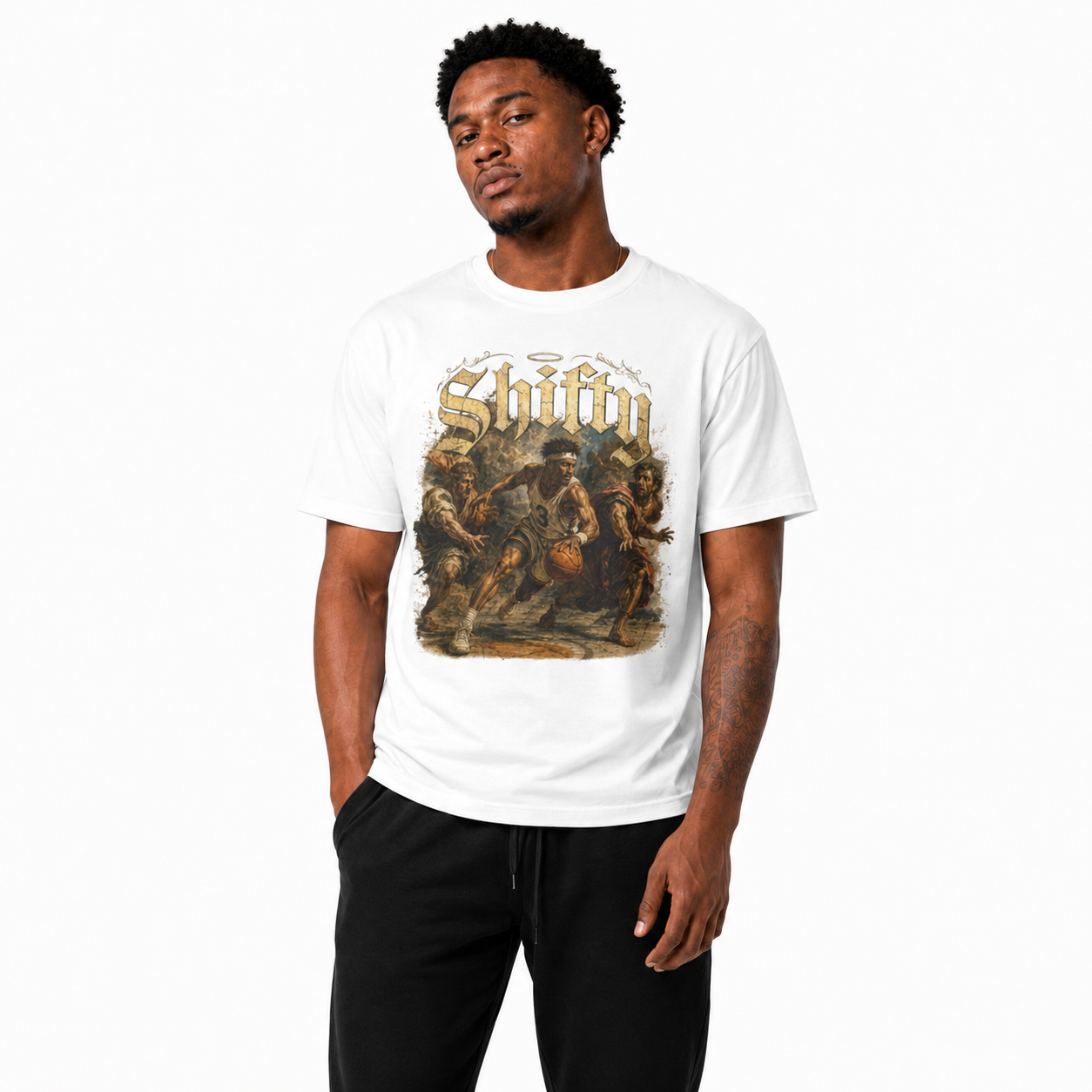 Renaissance Shifty T-Shirt on Brick City model in studio view five