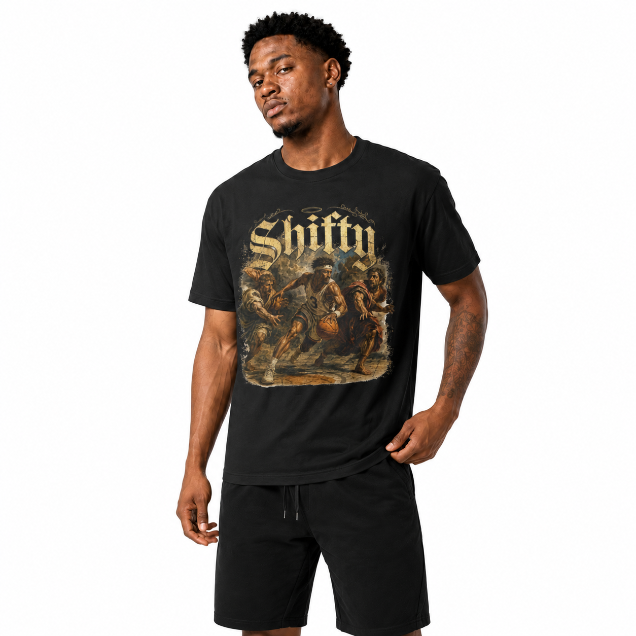 Renaissance Shifty T-Shirt on Brick City model in studio view six