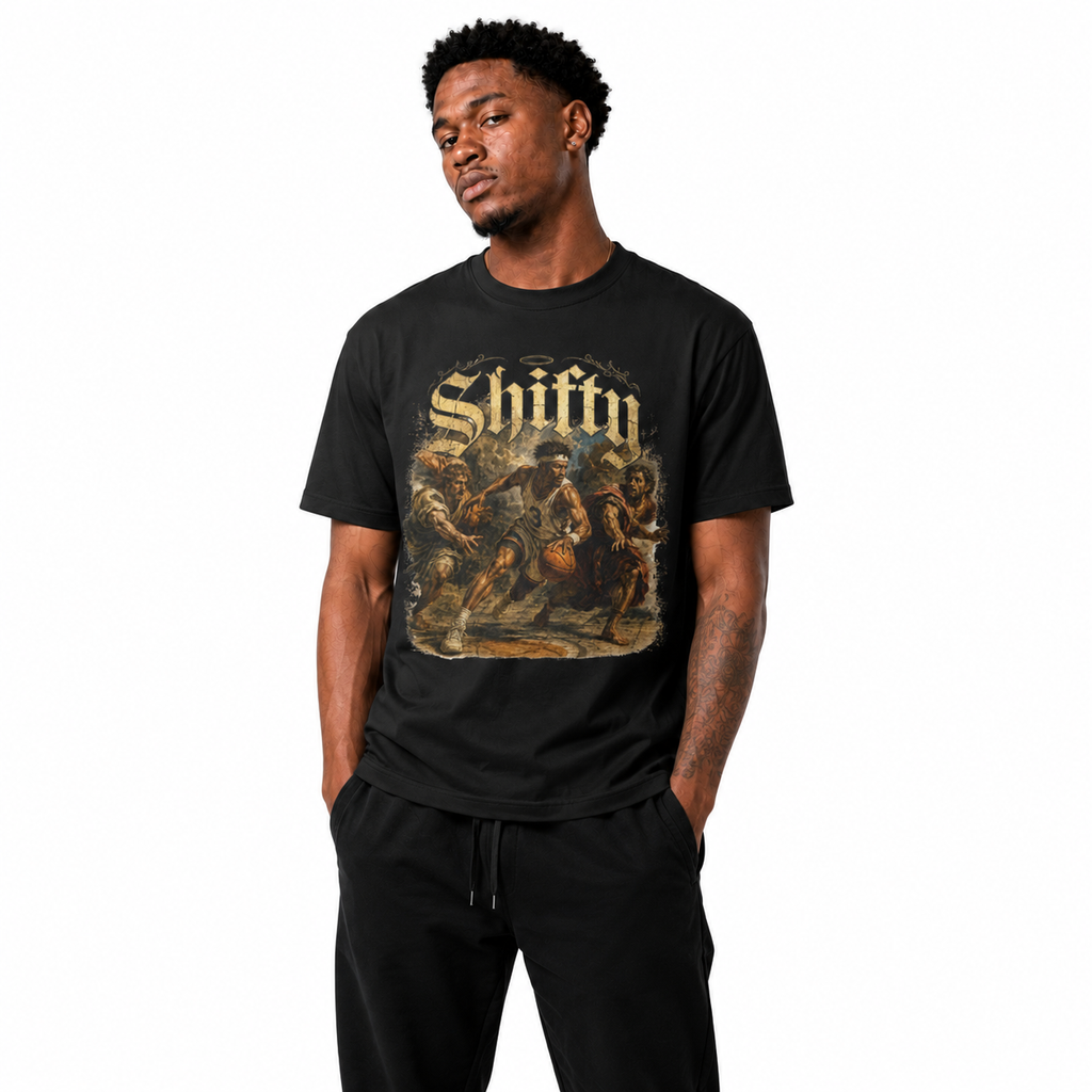 Renaissance Shifty T-Shirt by Brick City on a studio product mockup