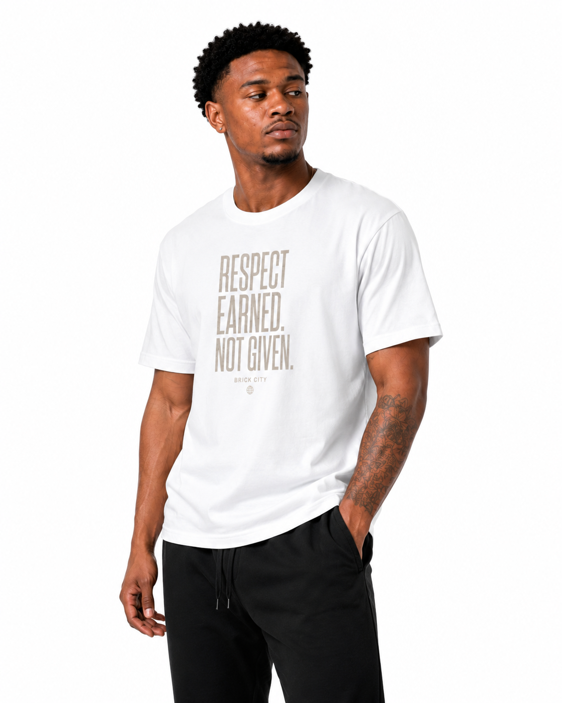 Respect Earned T-Shirt on Brick City model in studio view two