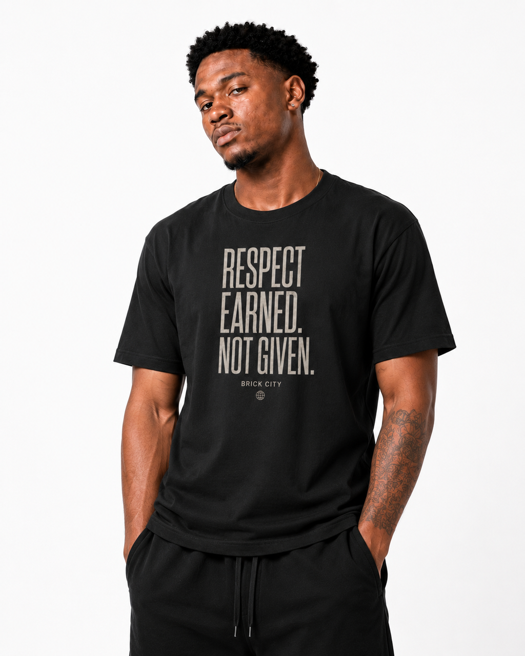 Respect Earned T-Shirt on Brick City model in studio view three