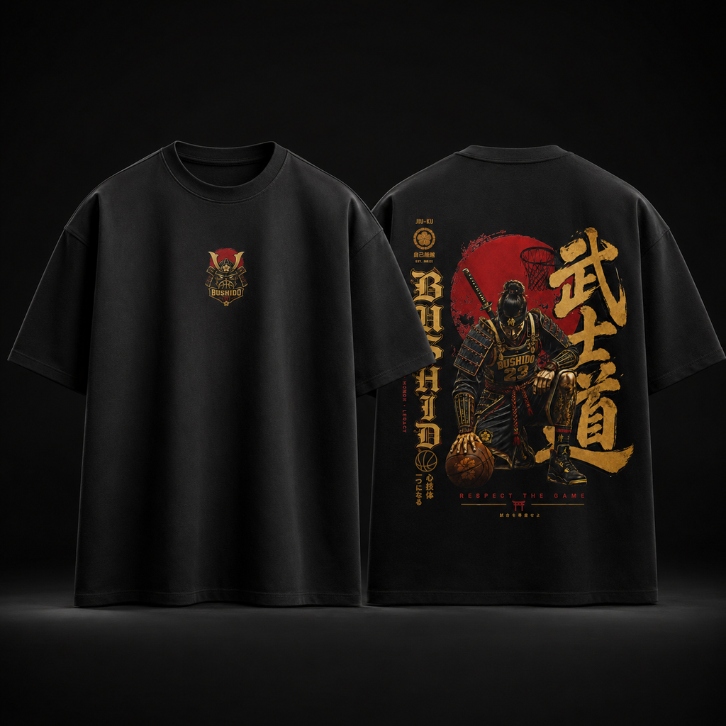 Respect The Game Tee black oversized Japanese basketball graphic t-shirt product mockup