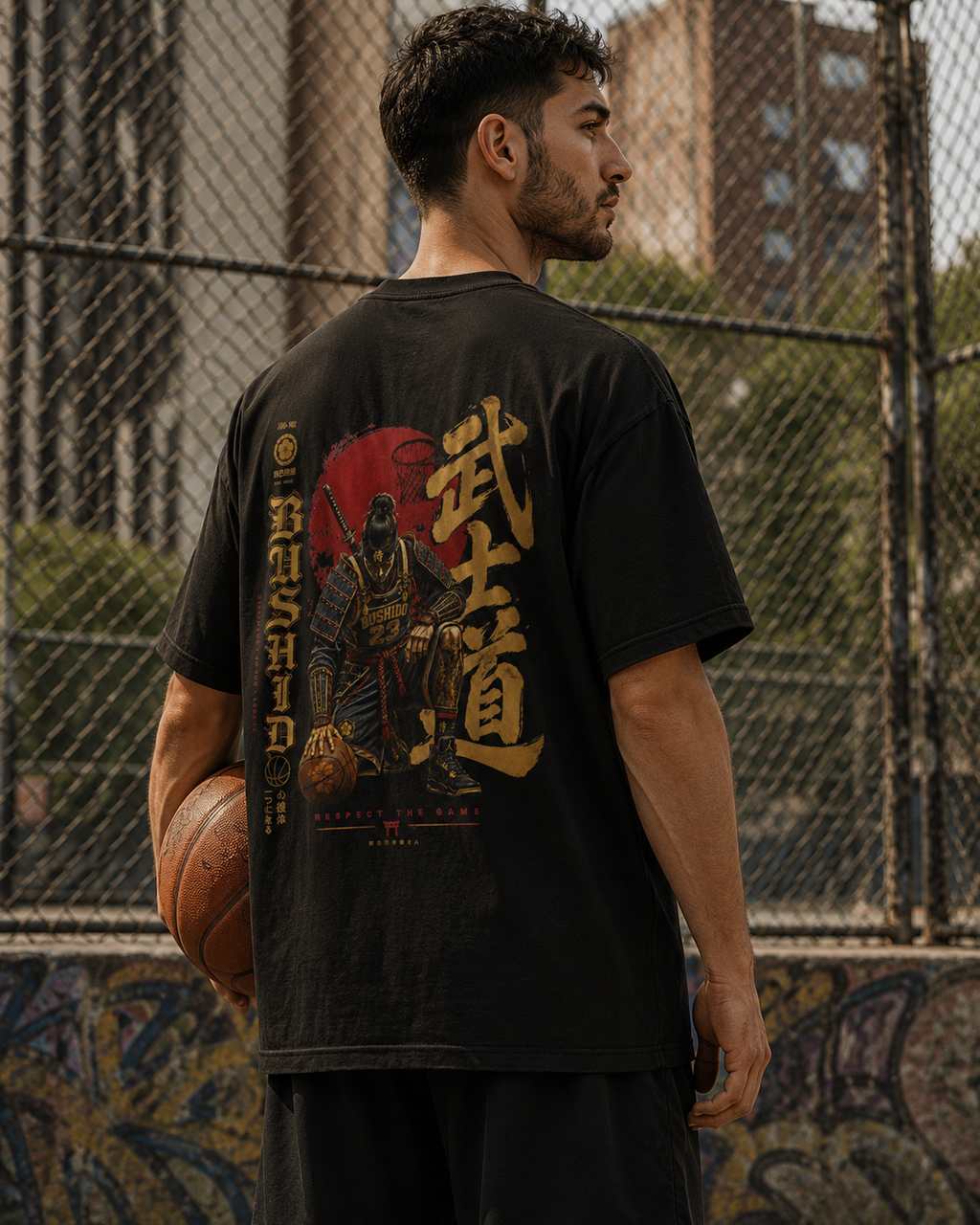 Respect The Game Tee worn in basketball court lifestyle mockup