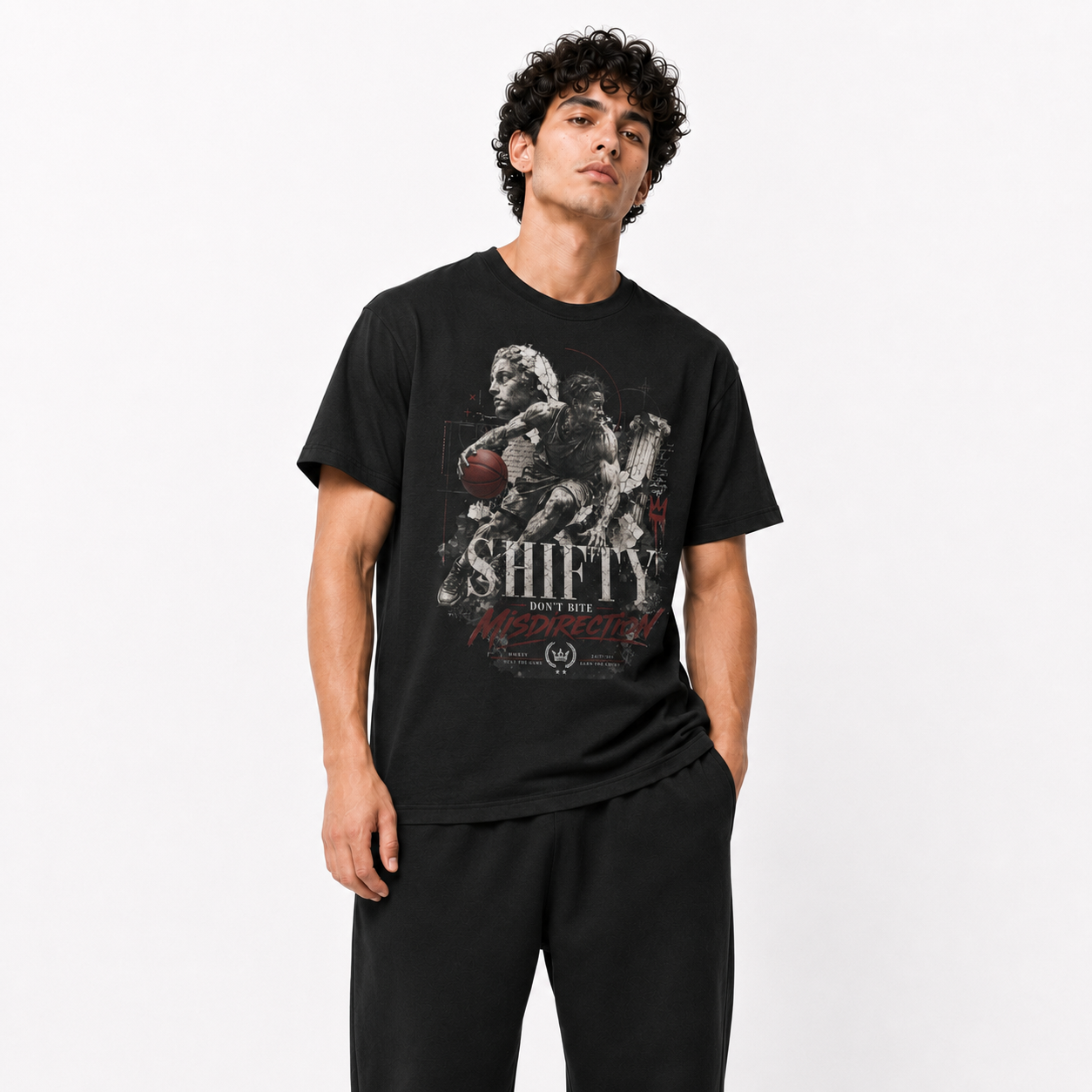 Shifty Black T-Shirt on Brick City model in studio view one