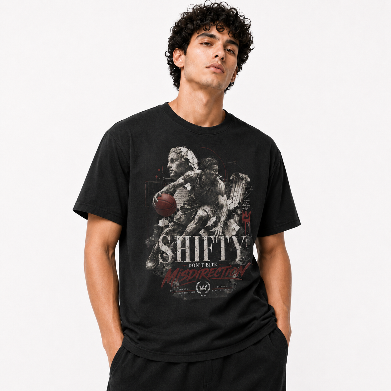 Shifty Black T-Shirt on Brick City model in studio view two
