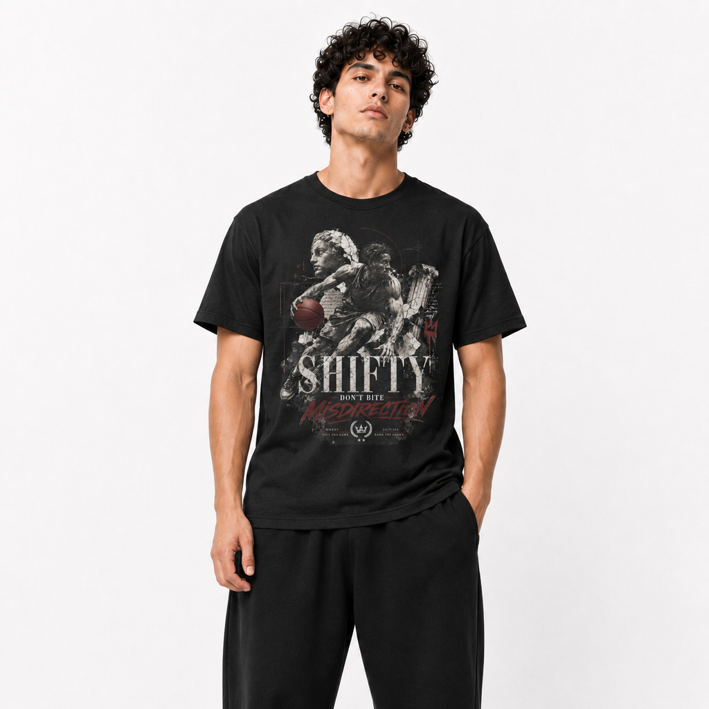 Shifty Black T-Shirt on Brick City model in studio view three