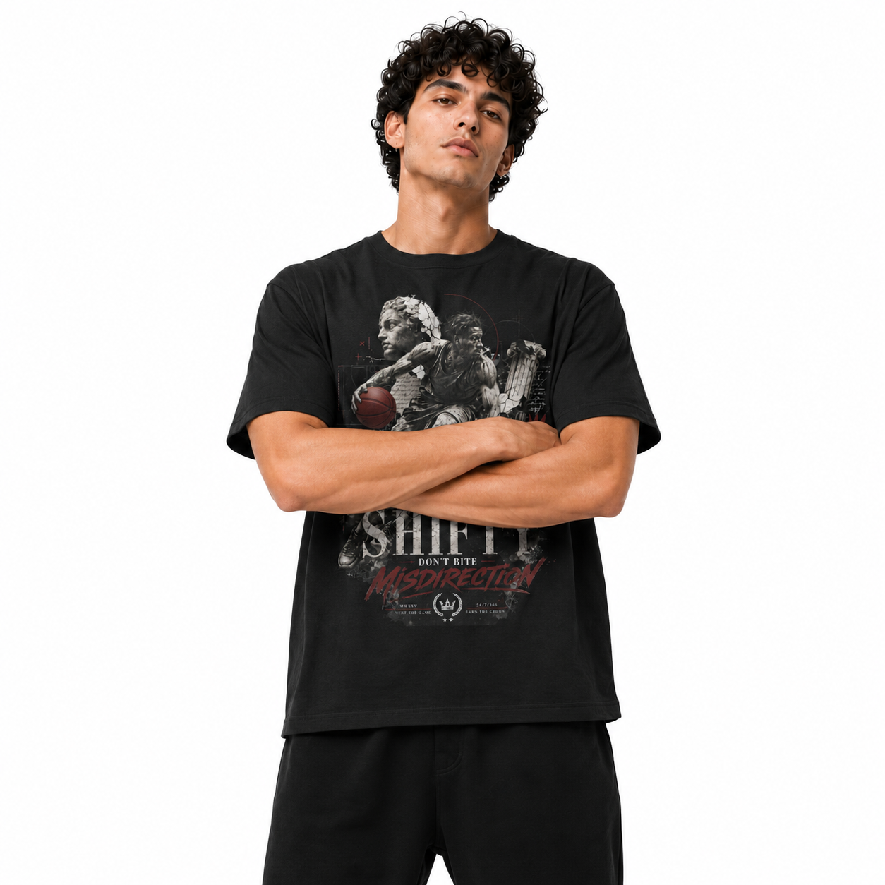 Shifty Black T-Shirt on Brick City model in studio view four