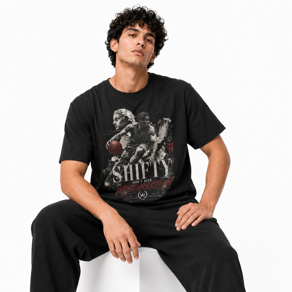 Shifty Black T-Shirt on Brick City model in studio view five