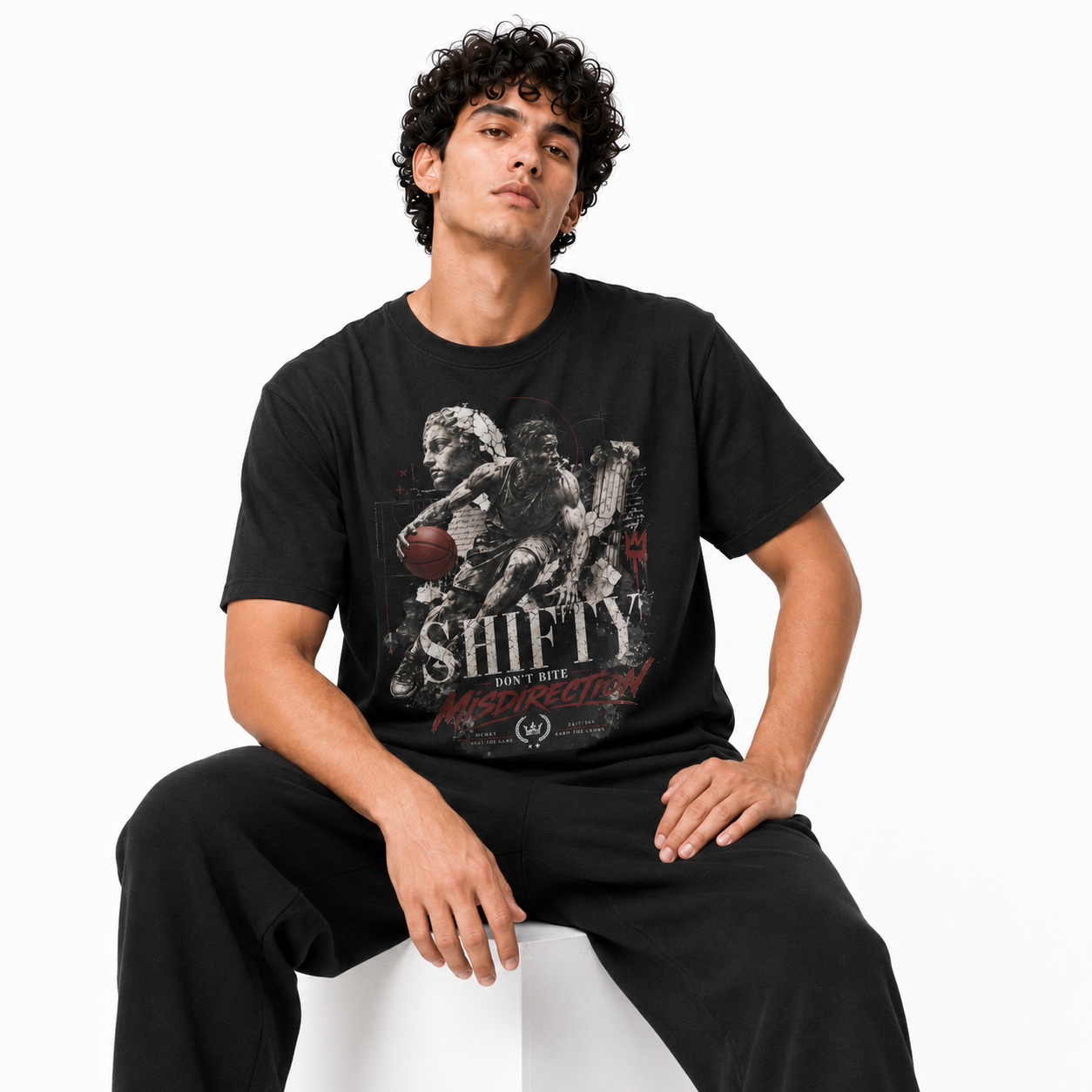 Shifty Black T-Shirt on Brick City model in studio view five