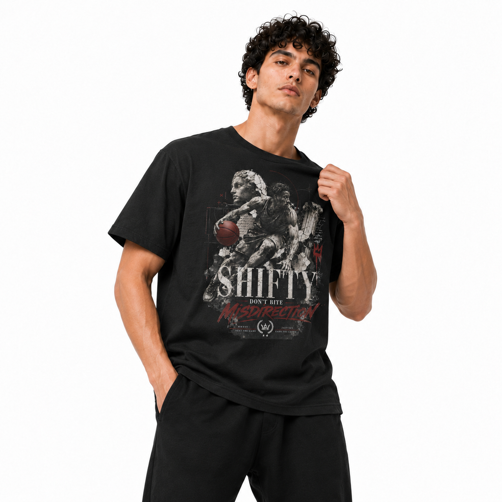 Shifty Black T-Shirt on Brick City model in studio view six