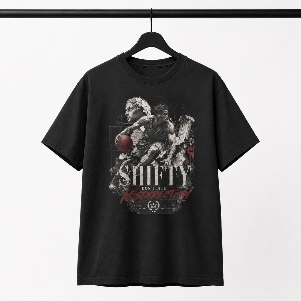 Shifty Black T-Shirt by Brick City on a studio product mockup