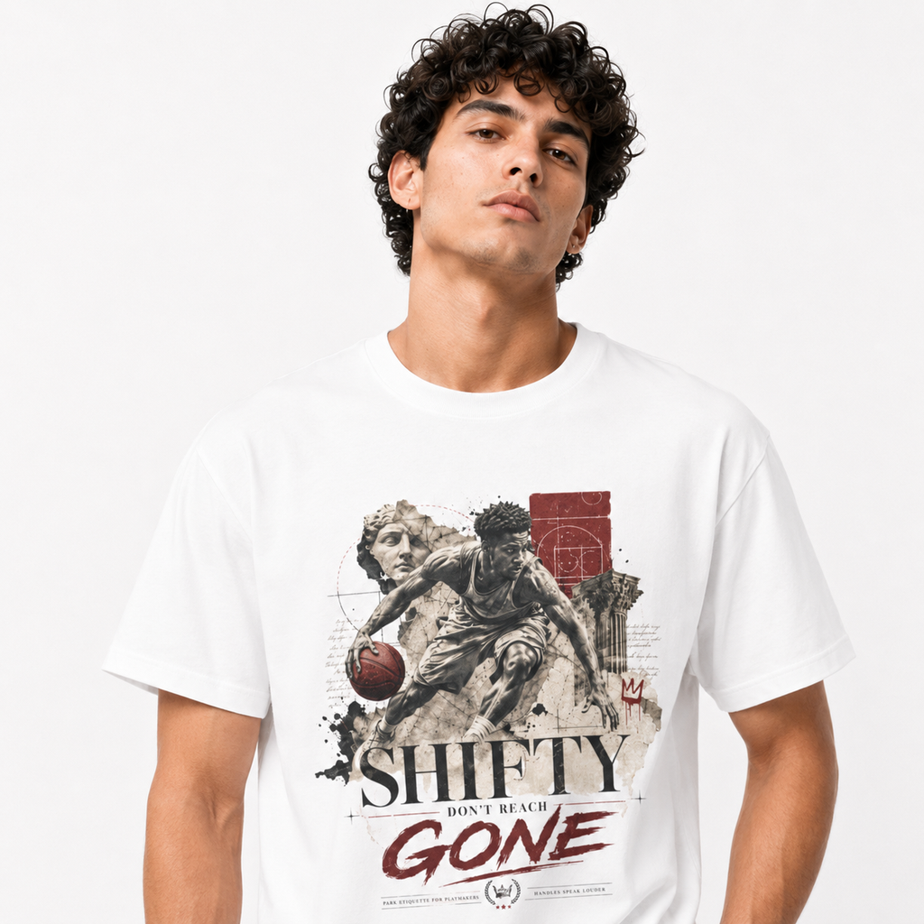 Shifty White T-Shirt on Brick City model in studio view one