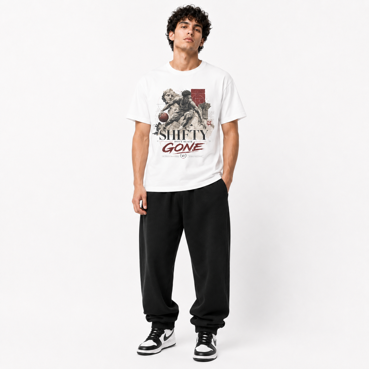 Shifty White T-Shirt on Brick City model in studio view two