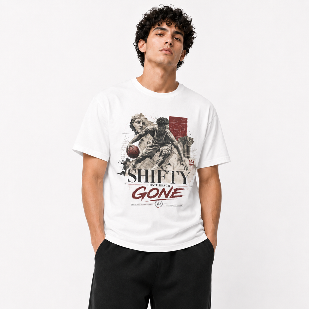 Shifty White T-Shirt on Brick City model in studio view three