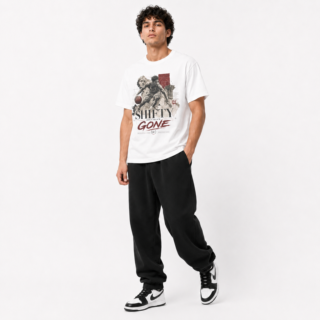 Shifty White T-Shirt on Brick City model in studio view four