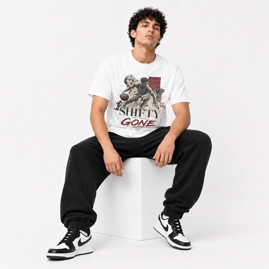 Shifty White T-Shirt on Brick City model in studio view five
