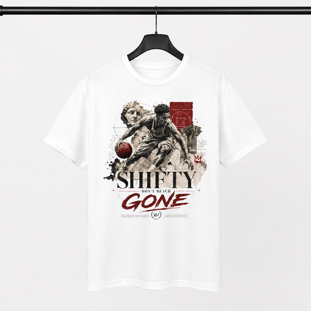 Shifty White T-Shirt by Brick City on a studio product mockup