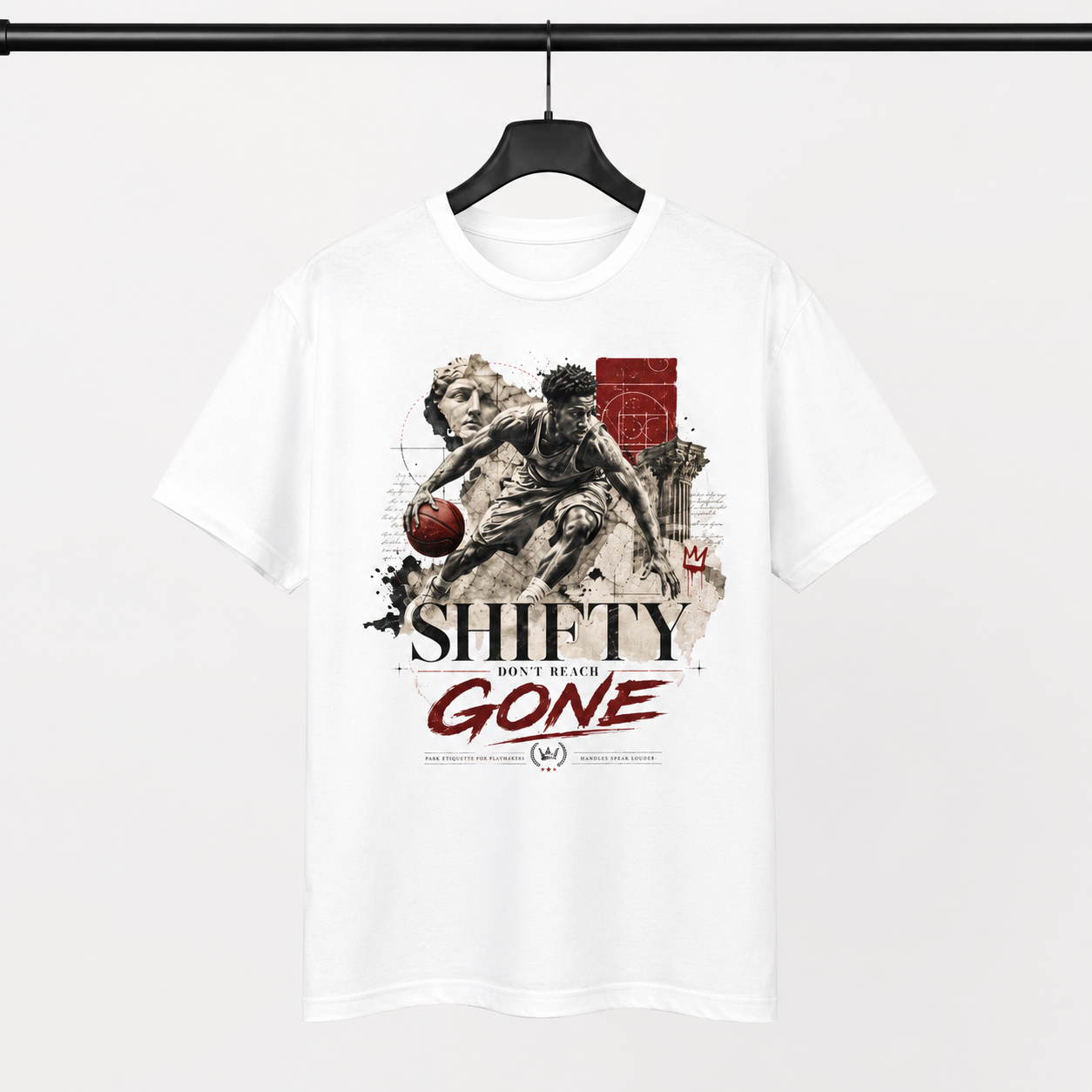 Shifty White T-Shirt by Brick City on a studio product mockup