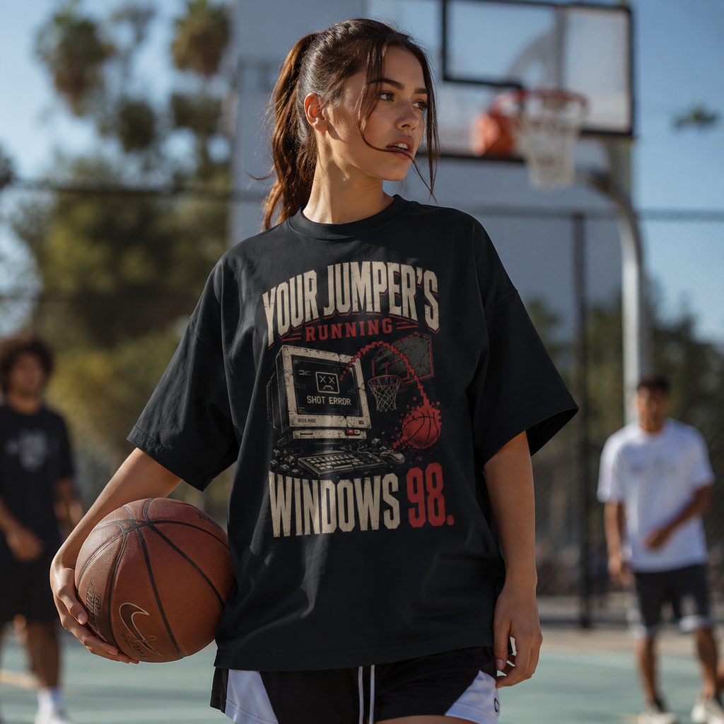 Slow Jumper T-Shirt worn in outdoor basketball court lifestyle mockup