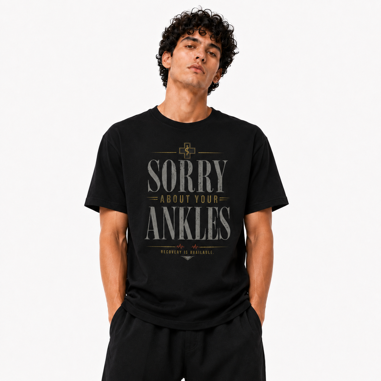 Sorry About Your Ankles black T-shirt front view on Brick City model