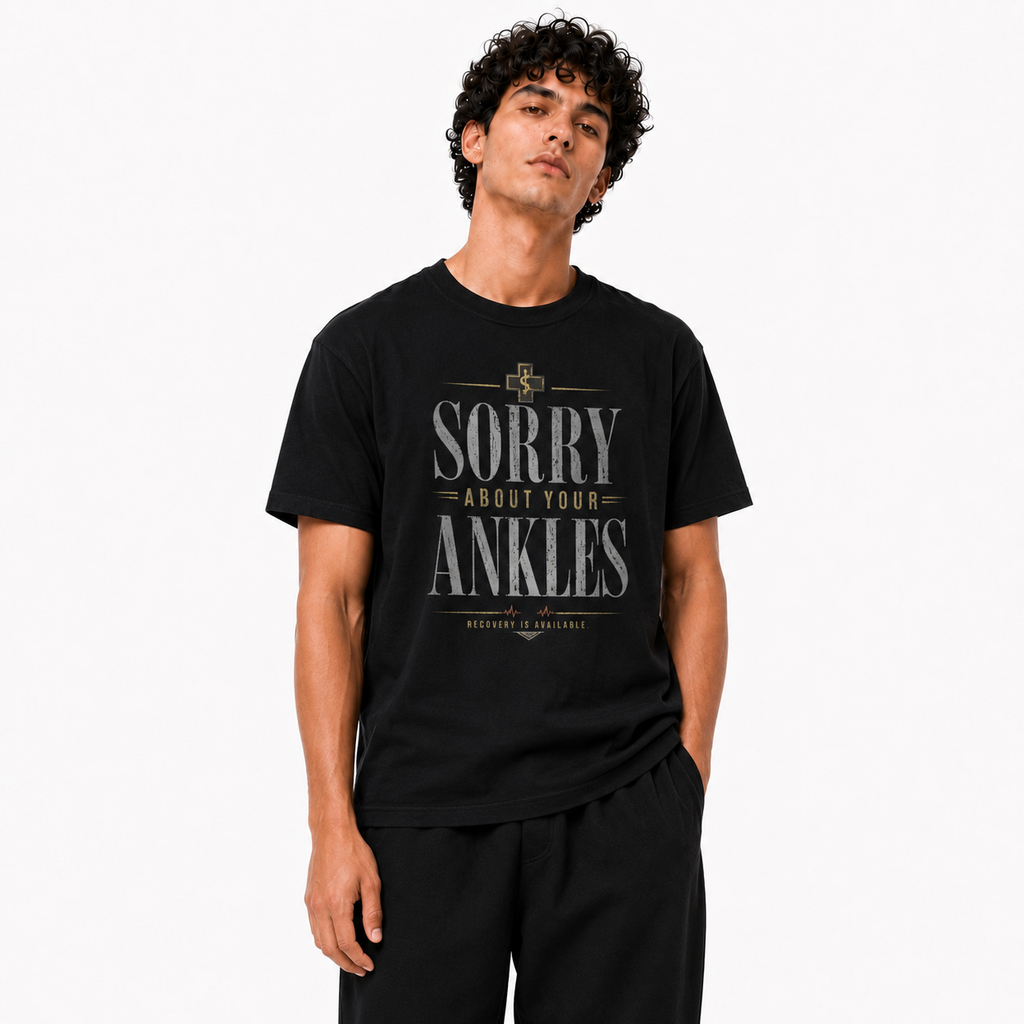 Sorry About Your Ankles black T-shirt three-quarter view on Brick City model