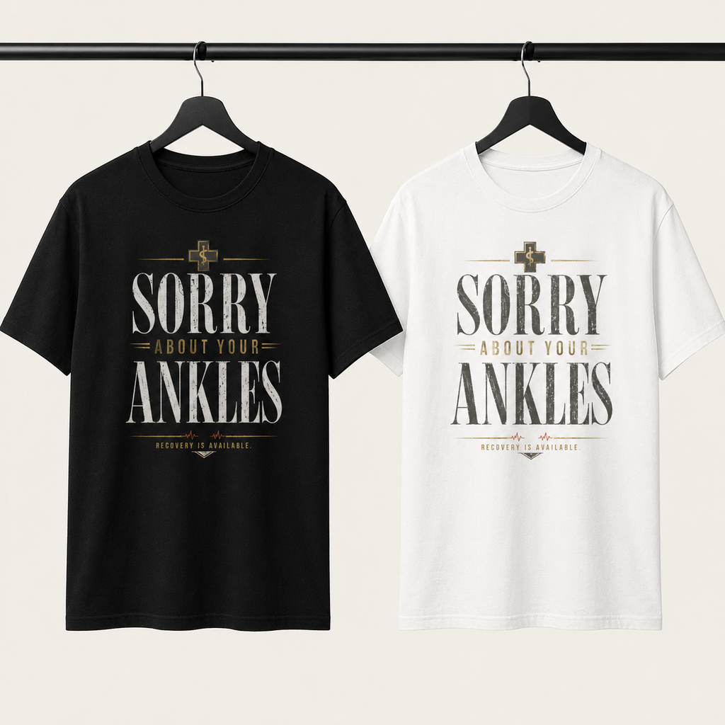 Sorry About Your Ankles T-Shirt in black and white on a studio clothing rail